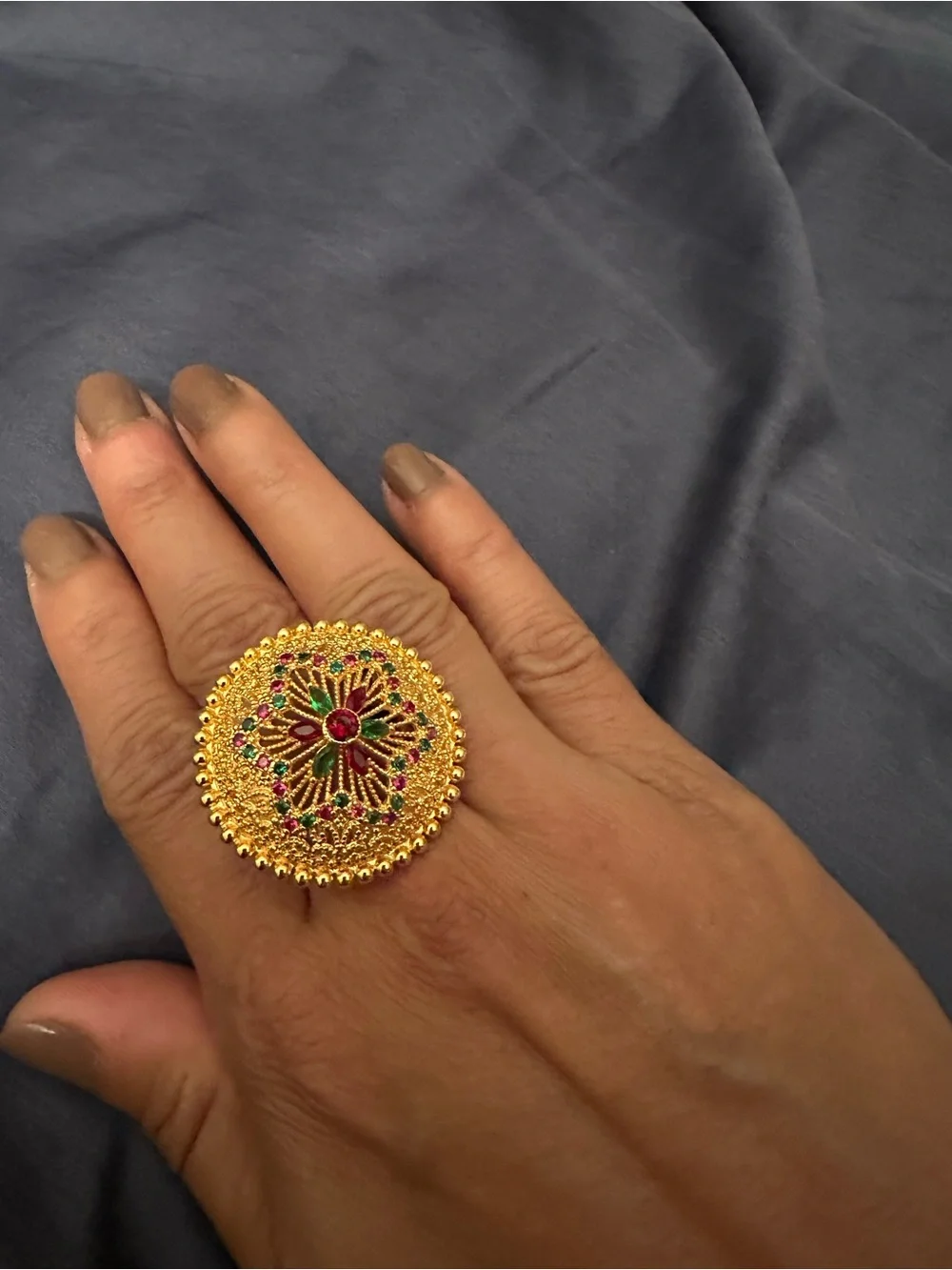 Gold-Tone Floral Statement Ring with Green and Pink Accents
